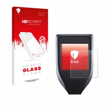 Face avant d’un emballage produit avec le logo de la marque upscreen. À côté, l’appareil Trezor Model T est représenté avec la
