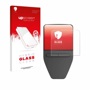 Face avant d’un emballage produit avec le logo de la marque upscreen. À côté, l’appareil Trezor Safe 3 est représenté avec la 