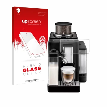 Face avant d’un emballage produit avec le logo de la marque upscreen. À côté, l’appareil DeLonghi Rivelia est représenté avec 