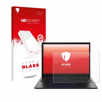 Face avant d’un emballage produit avec le logo de la marque upscreen. À côté, l’appareil Lenovo ThinkPad L13 Gen 4 Non-Touch e
