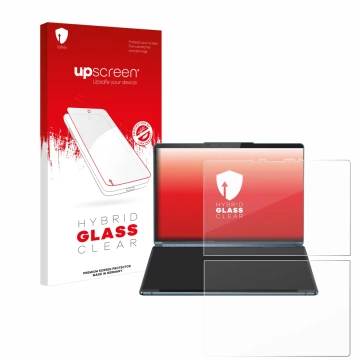 Face avant d’un emballage produit avec le logo de la marque upscreen. À côté, l’appareil Lenovo Yoga Book 9i Gen 9 est représe