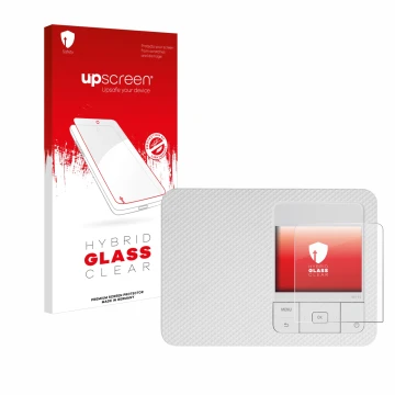 Face avant d’un emballage produit avec le logo de la marque upscreen. À côté, l’appareil Canon Selphy CP1500 est représenté av
