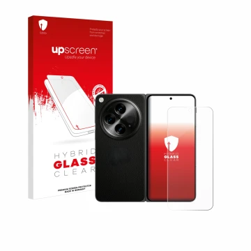 Face avant d’un emballage produit avec le logo de la marque upscreen. À côté, l’appareil OnePlus Open (case-friendly) est repr