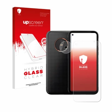 Face avant d’un emballage produit avec le logo de la marque upscreen. À côté, l’appareil Gigaset GX6 Pro (Avant+Caméra) est re