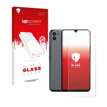 Face avant d’un emballage produit avec le logo de la marque upscreen. À côté, l’appareil Gigaset GS5 PRO SE (Avant+Caméra) est
