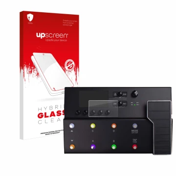Face avant d’un emballage produit avec le logo de la marque upscreen. À côté, l’appareil Line 6 POD GO est représenté avec la 