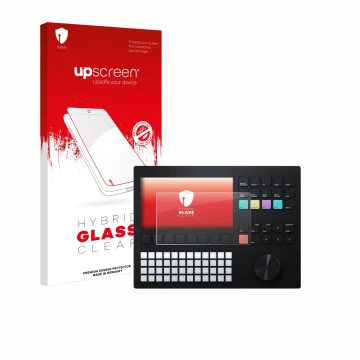 Face avant d’un emballage produit avec le logo de la marque upscreen. À côté, l’appareil Polyend Tracker est représenté avec l