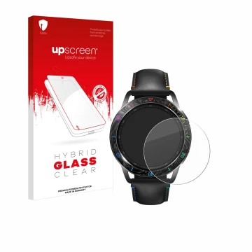 Face avant d’un emballage produit avec le logo de la marque upscreen. À côté, l’appareil Xiaomi Watch S3 est représenté avec l