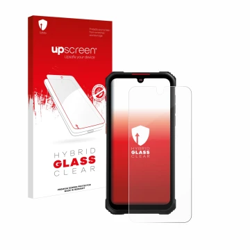 Face avant d’un emballage produit avec le logo de la marque upscreen. À côté, l’appareil Hotwav Cyber 9 Pro est représenté ave