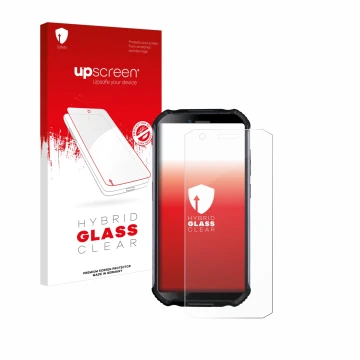 Face avant d’un emballage produit avec le logo de la marque upscreen. À côté, l’appareil Doogee S41 Plus est représenté avec l