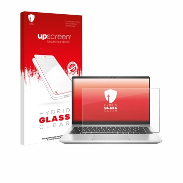 Face avant d’un emballage produit avec le logo de la marque upscreen. À côté, l’appareil HP ProBook 445 G7 est représenté avec