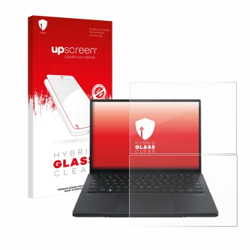 Face avant d’un emballage produit avec le logo de la marque upscreen. À côté, l’appareil ASUS ZenBook Duo OLED 2024 UX8406 est