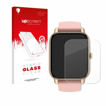 Face avant d’un emballage produit avec le logo de la marque upscreen. À côté, l’appareil Sross Smartwatch 1.83