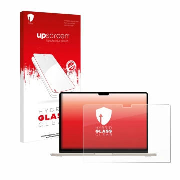 Face avant d’un emballage produit avec le logo de la marque upscreen. À côté, l’appareil Apple MacBook Air 15