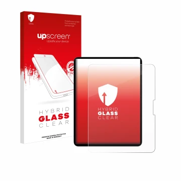 Face avant d’un emballage produit avec le logo de la marque upscreen. À côté, l’appareil Apple iPad Pro 13