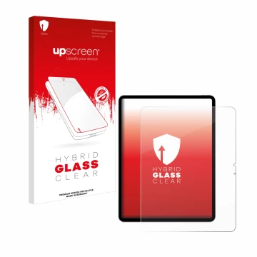Face avant d’un emballage produit avec le logo de la marque upscreen. À côté, l’appareil Apple iPad Air 13