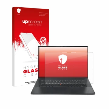 Face avant d’un emballage produit avec le logo de la marque upscreen. À côté, l’appareil Lenovo ThinkPad Z13 Gen 2 est représe