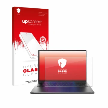 Face avant d’un emballage produit avec le logo de la marque upscreen. À côté, l’appareil Acer Swift Go 16 est représenté avec 