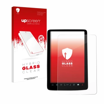 Face avant d’un emballage produit avec le logo de la marque upscreen. À côté, l’appareil Volvo EX30 12.3