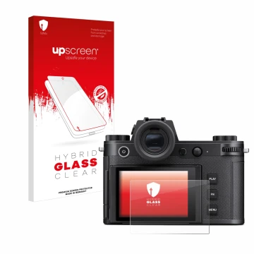 Face avant d’un emballage produit avec le logo de la marque upscreen. À côté, l’appareil Leica SL3 est représenté avec la prot