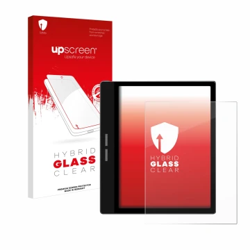 Face avant d’un emballage produit avec le logo de la marque upscreen. À côté, l’appareil Bigme B751C est représenté avec la pr
