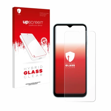 Face avant d’un emballage produit avec le logo de la marque upscreen. À côté, l’appareil Samsung Galaxy M15 est représenté ave