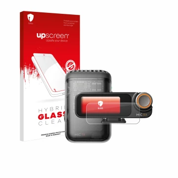 Face avant d’un emballage produit avec le logo de la marque upscreen. À côté, l’appareil DJI Mic 2 (Receiver) est représenté a
