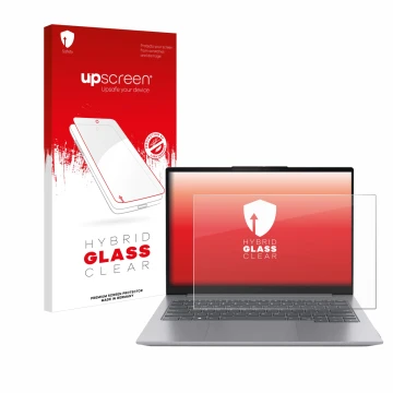 Face avant d’un emballage produit avec le logo de la marque upscreen. À côté, l’appareil Lenovo ThinkBook 16 Gen 6 est représe