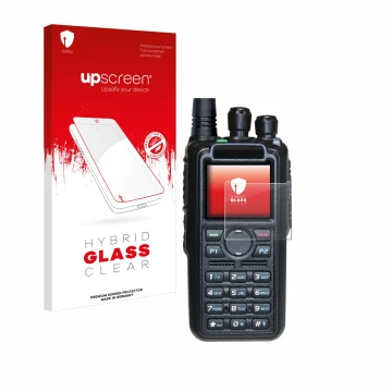 Face avant d’un emballage produit avec le logo de la marque upscreen. À côté, l’appareil AnyTone AT-D878UV II Plus est représe