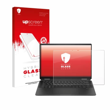 Face avant d’un emballage produit avec le logo de la marque upscreen. À côté, l’appareil HP Spectre x360 (14-e) 2024 est repré