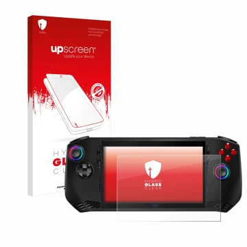 Face avant d’un emballage produit avec le logo de la marque upscreen. À côté, l’appareil MSI Claw A1M est représenté avec la p