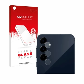 Face avant d’un emballage produit avec le logo de la marque upscreen. À côté, l’appareil Samsung Galaxy A35 5G (Caméra UNIQUEM