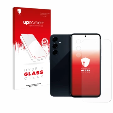 Face avant d’un emballage produit avec le logo de la marque upscreen. À côté, l’appareil Samsung Galaxy A35 5G (Avant+Caméra) 