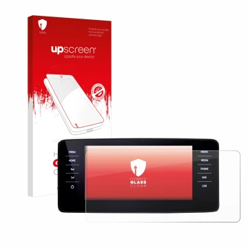 Face avant d’un emballage produit avec le logo de la marque upscreen. À côté, l’appareil Skoda Kamiq 2021 est représenté avec 