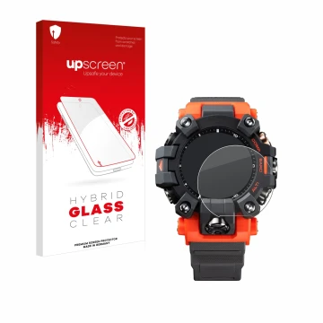 Face avant d’un emballage produit avec le logo de la marque upscreen. À côté, l’appareil Casio G-Shock GW-9500 est représenté 