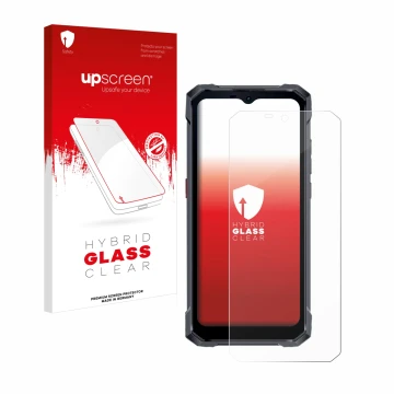 Face avant d’un emballage produit avec le logo de la marque upscreen. À côté, l’appareil Hotwav W11 est représenté avec la pro