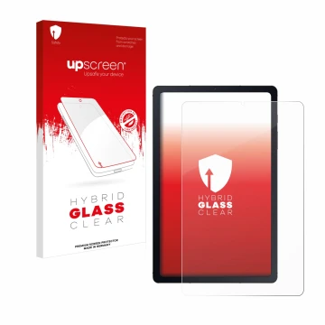 Face avant d’un emballage produit avec le logo de la marque upscreen. À côté, l’appareil Samsung Galaxy Tab S6 Lite WiFi 2024 