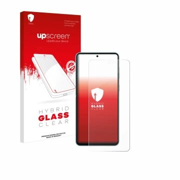Face avant d’un emballage produit avec le logo de la marque upscreen. À côté, l’appareil Samsung Galaxy M55 est représenté ave
