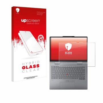 Face avant d’un emballage produit avec le logo de la marque upscreen. À côté, l’appareil Lenovo ThinkPad X1 2-in-1 Gen 9 14