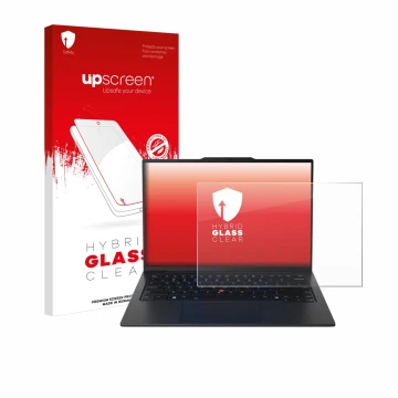 Face avant d’un emballage produit avec le logo de la marque upscreen. À côté, l’appareil Lenovo ThinkPad X1 Carbon Gen 12 14