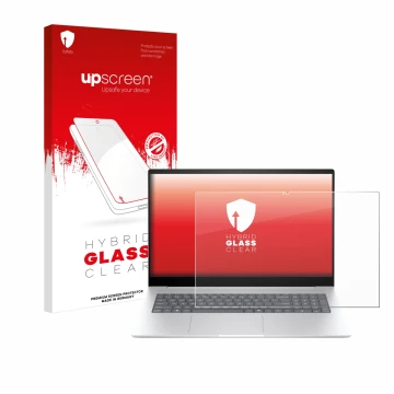 Face avant d’un emballage produit avec le logo de la marque upscreen. À côté, l’appareil HP Envy 17 2024 est représenté avec l