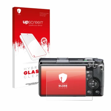 Face avant d’un emballage produit avec le logo de la marque upscreen. À côté, l’appareil Ricoh GR III HDF est représenté avec 