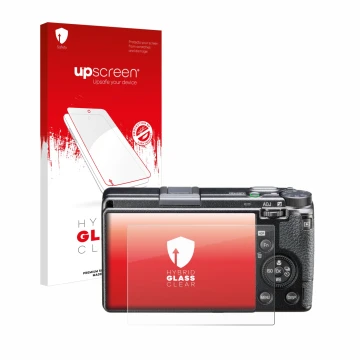 Face avant d’un emballage produit avec le logo de la marque upscreen. À côté, l’appareil Ricoh GR IIIx HDF est représenté avec