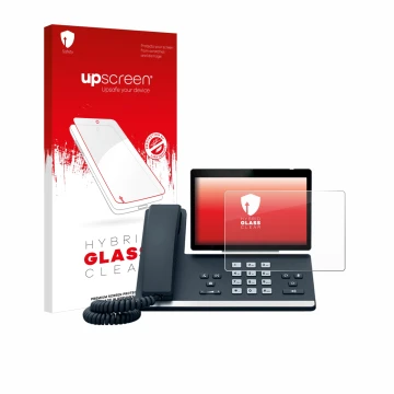 Face avant d’un emballage produit avec le logo de la marque upscreen. À côté, l’appareil Yealink SIP-T57W est représenté avec 