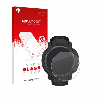 Face avant d’un emballage produit avec le logo de la marque upscreen. À côté, l’appareil Garmin Instinct Crossover Solar est r