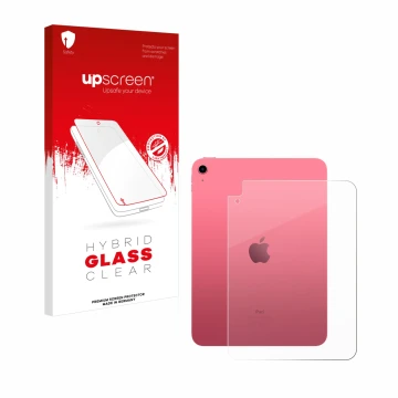 Face avant d’un emballage produit avec le logo de la marque upscreen. À côté, l’appareil Apple iPad 10.9