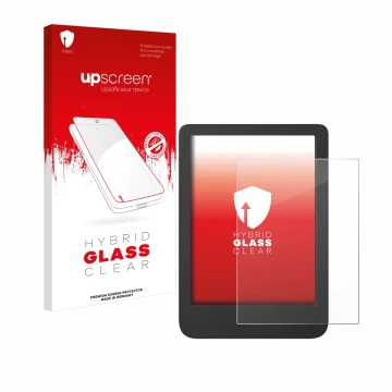 Face avant d’un emballage produit avec le logo de la marque upscreen. À côté, l’appareil Tolino Shine 5 Color 2024 est représe
