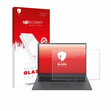 Face avant d’un emballage produit avec le logo de la marque upscreen. À côté, l’appareil LG gram 17