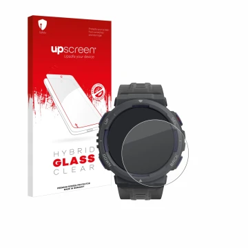Face avant d’un emballage produit avec le logo de la marque upscreen. À côté, l’appareil Amazfit Active Edge est représenté av