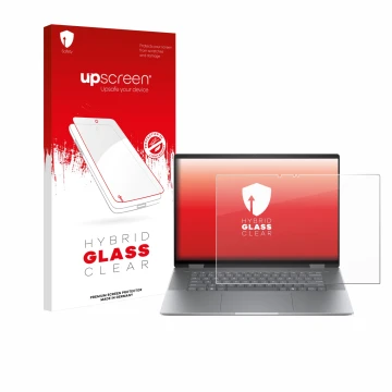 Face avant d’un emballage produit avec le logo de la marque upscreen. À côté, l’appareil HP Envy x360 2-in-1 16 est représenté